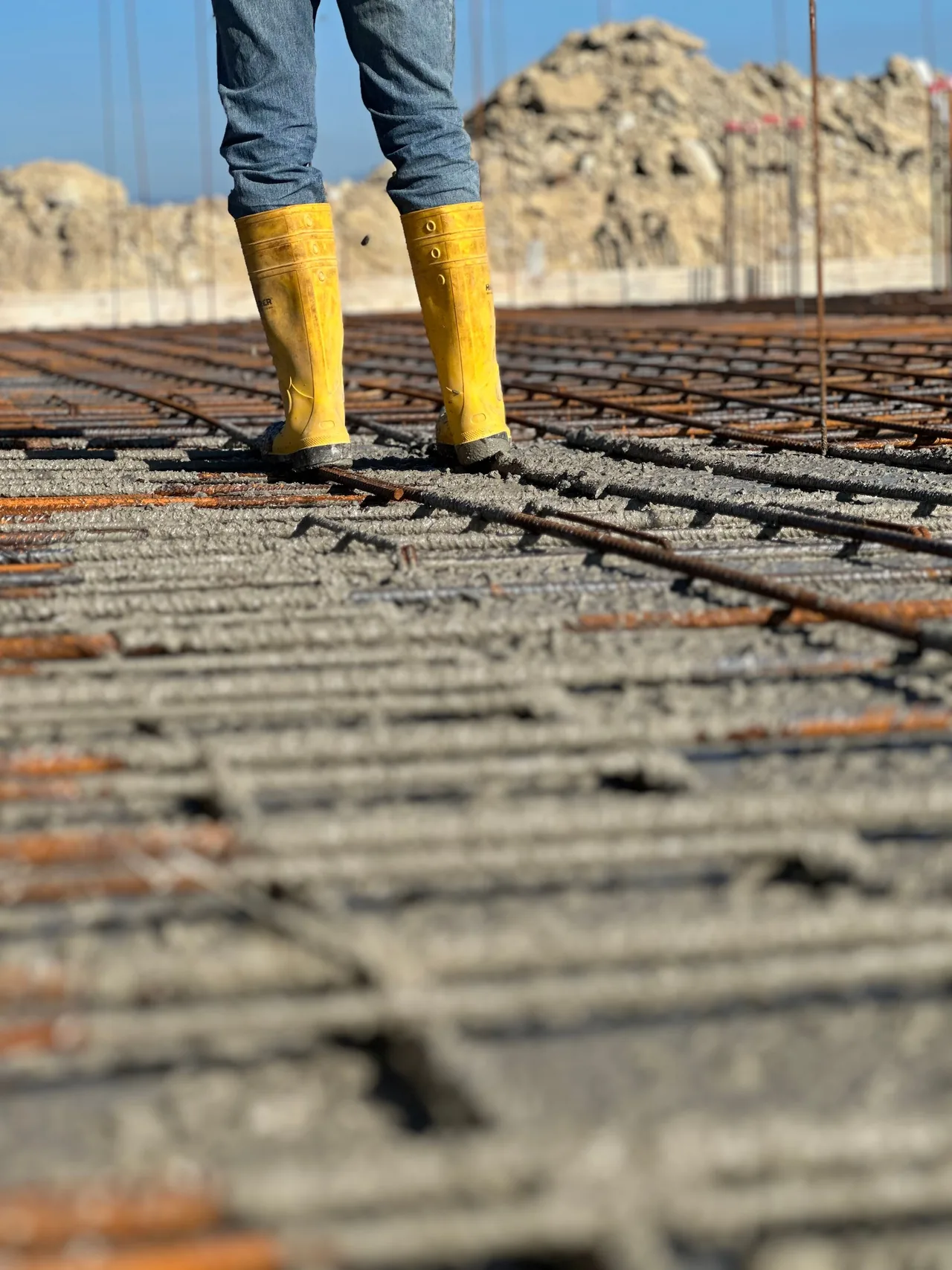 Gelbe Sicherheitsstiefel stehen auf einem Bewehrungsgitter über einer Betonplatte